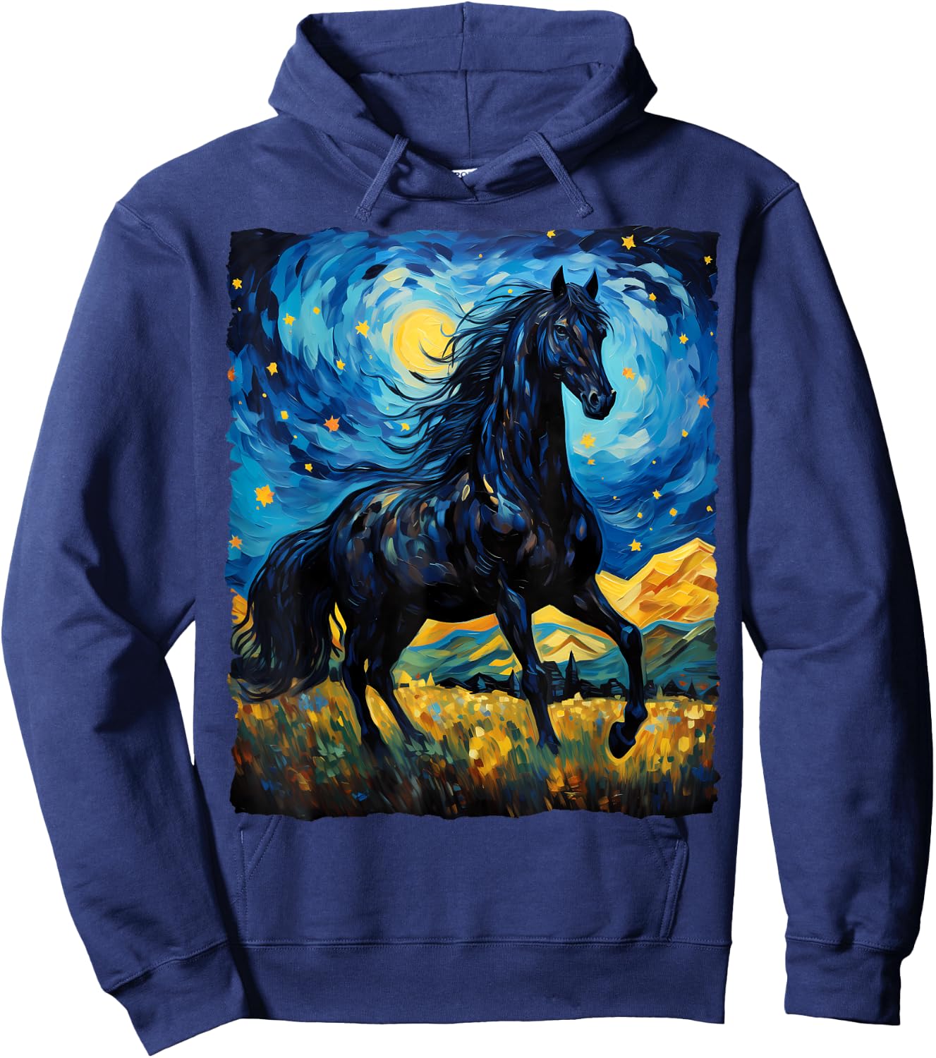 Black Horse Van Gogh Starry Night Painting Wild Animal Lover Hoodie - Hoodie | Navy