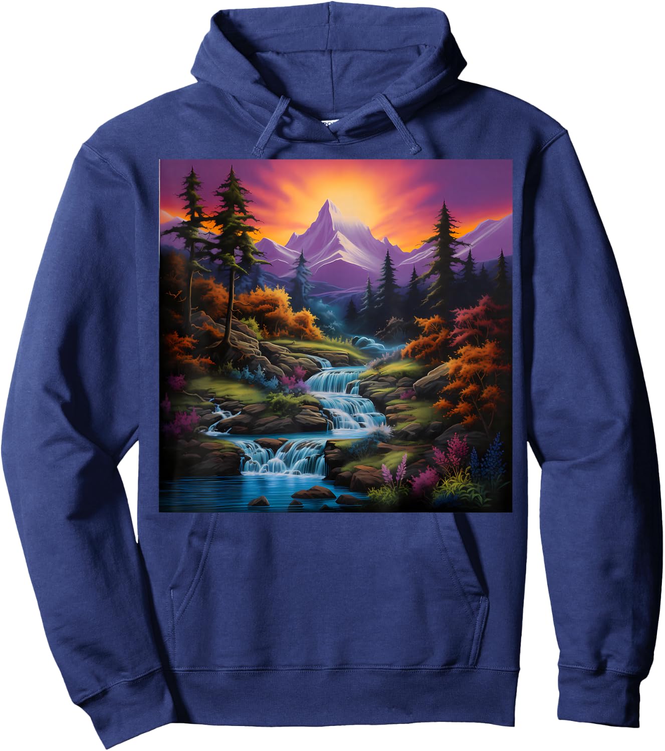 Fall Landscape Art Mountain River and Waterfalls for Hiking Hoodie - Hoodie | Navy