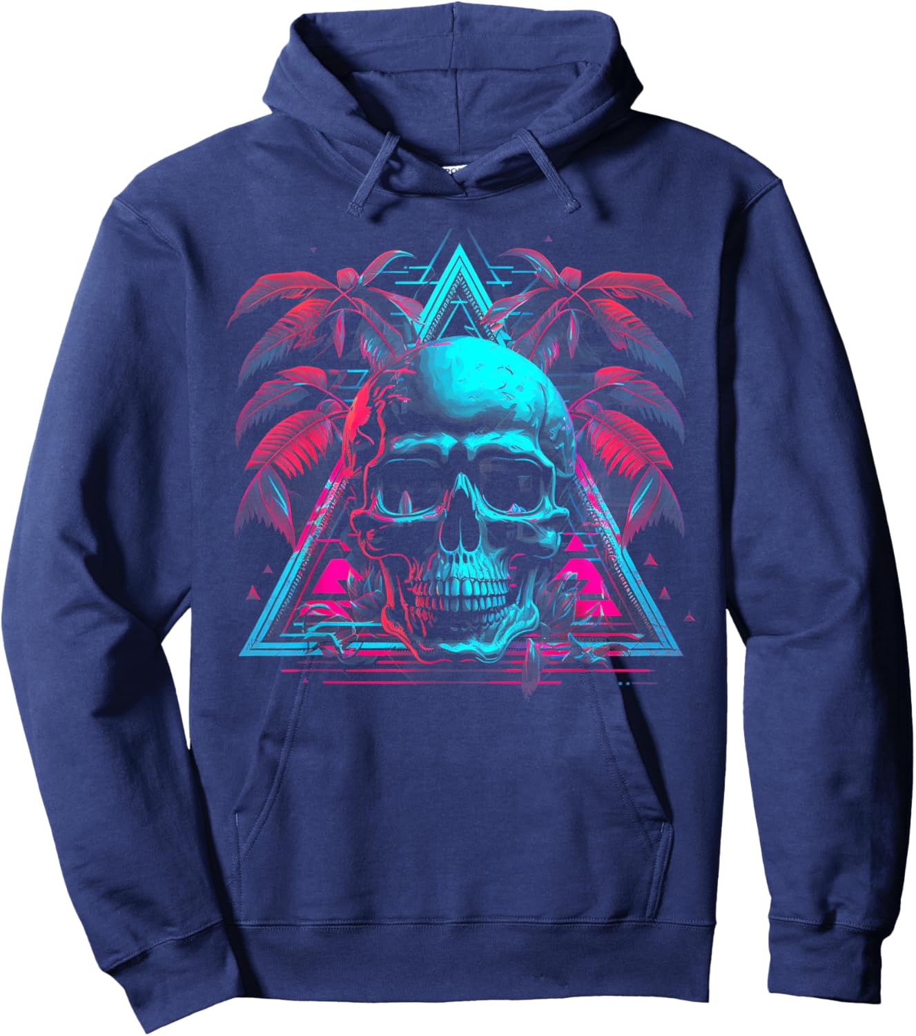 Skull Vaporwave Retrowave Aesthetic Synthwave 80s Palm Tree Hoodie - Hoodie | Navy