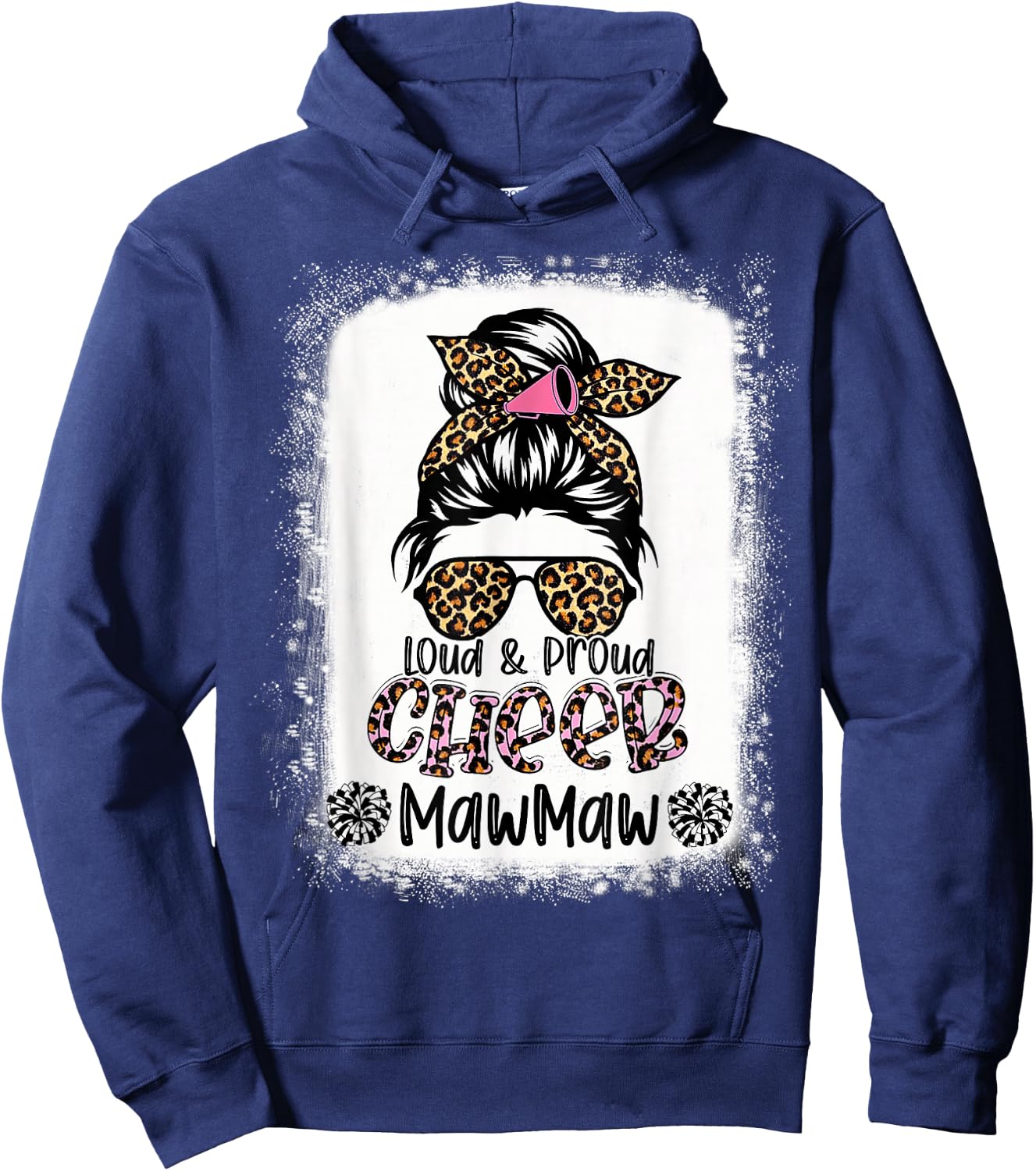 Loud And Proud Cheer Mawmaw Leopard Messy Bun Bleached Hoodie - Hoodie | Navy