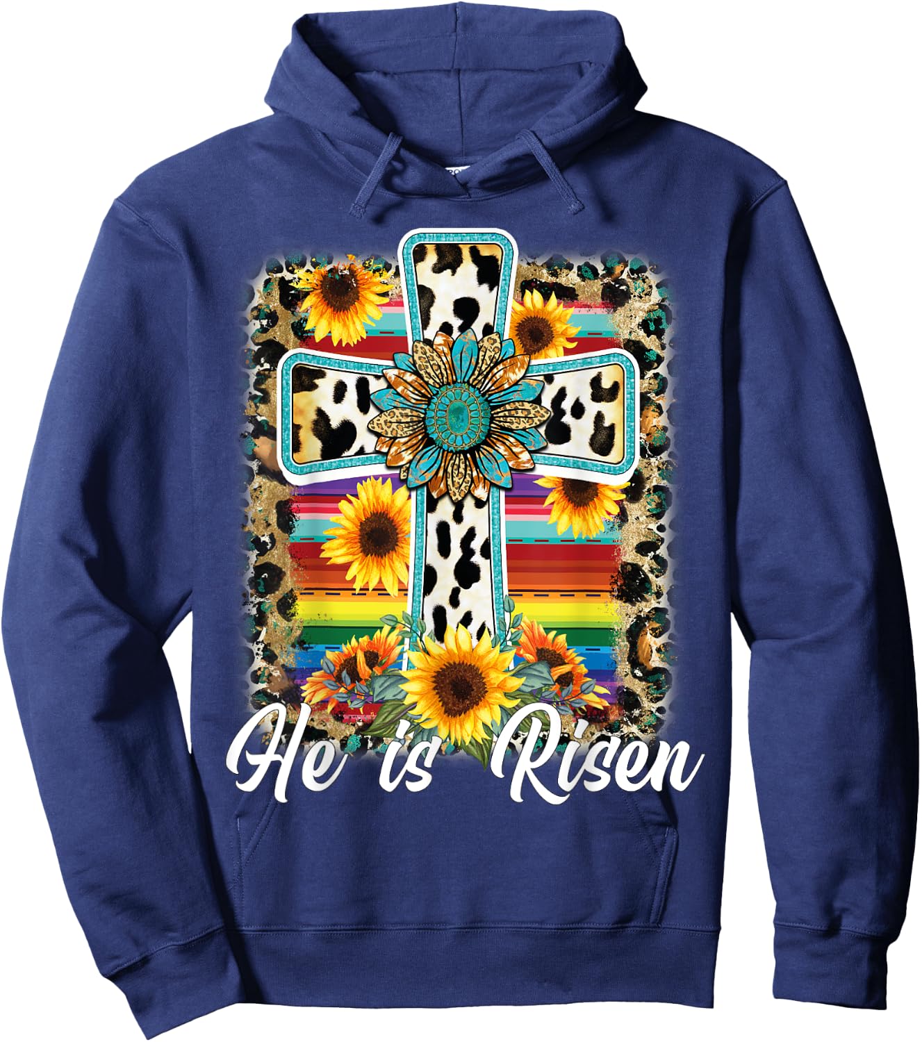 He is Risen Sunflower Leopard Cross Happy Easter Day Hoodie - Hoodie | Navy