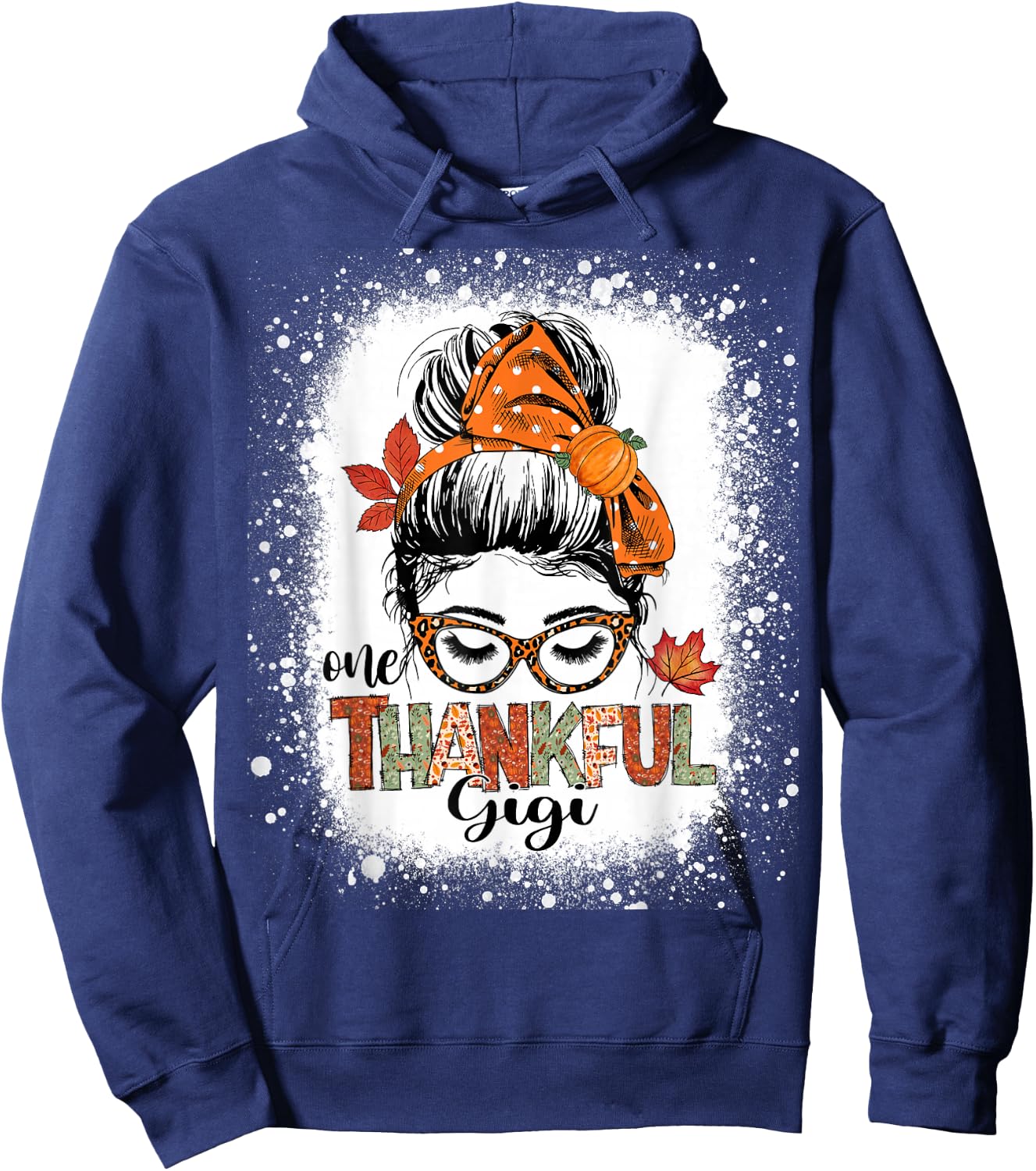 One Thankful Gigi Messy Bun Fall Autumn Thanksgiving Grandma Hoodie - Hoodie | Navy