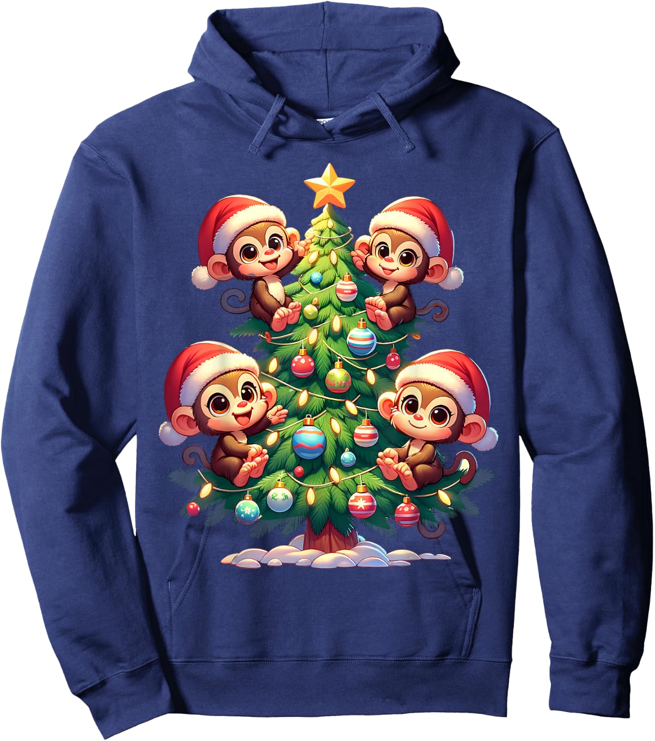 Kawaii Monkey Christmas Tree Cartoon Animals Primate Hoodie - Hoodie | Navy