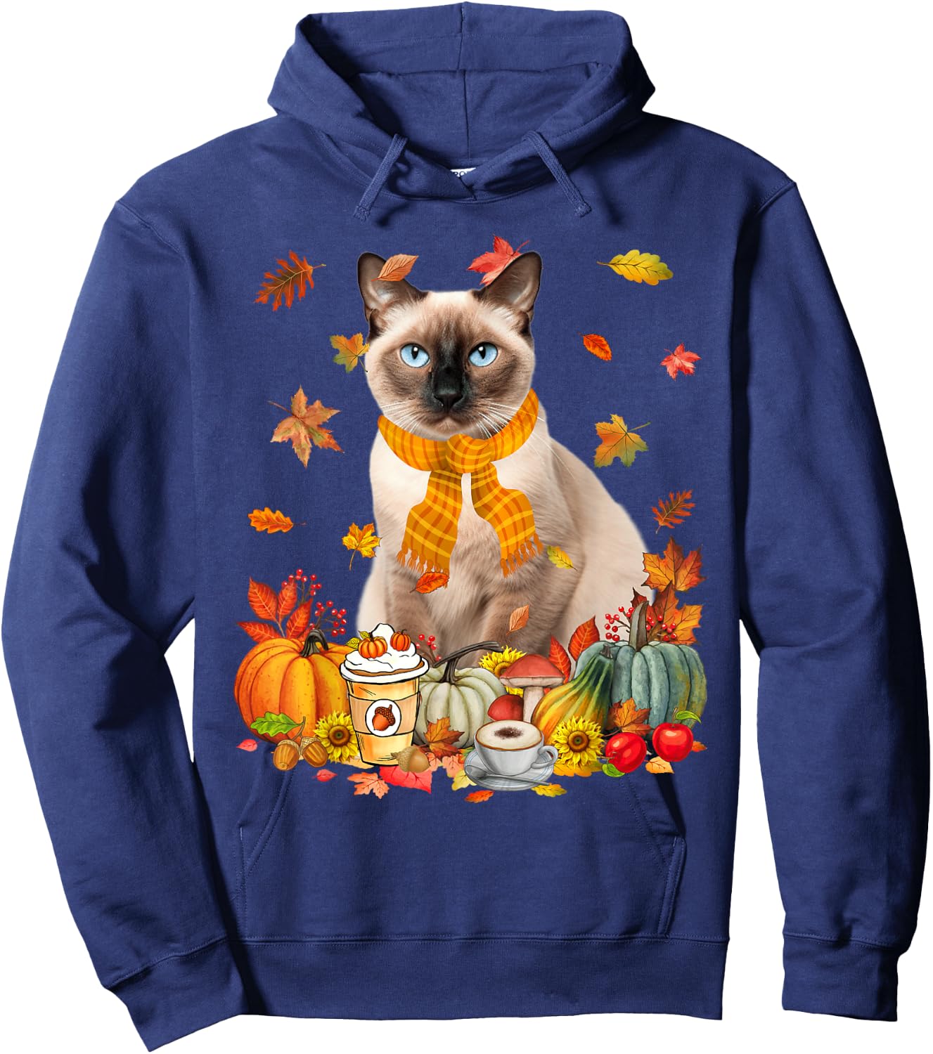 Cup Of Coffe & Siamese Cat Pumpkins Fall Vibes Thanksgiving Hoodie - Hoodie | Navy
