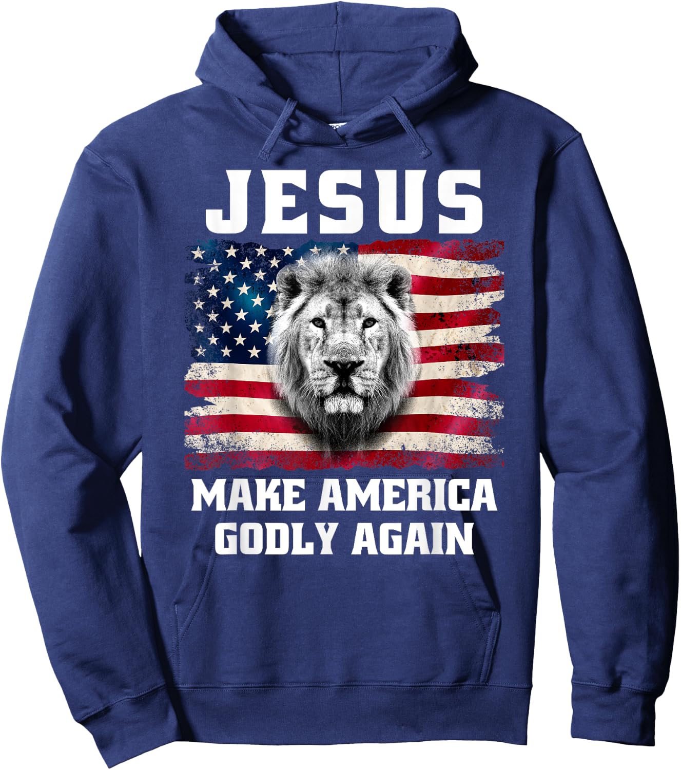 Jesus Make America Godly Again Christian Faith USA Flag Lion Hoodie - Hoodie | Navy