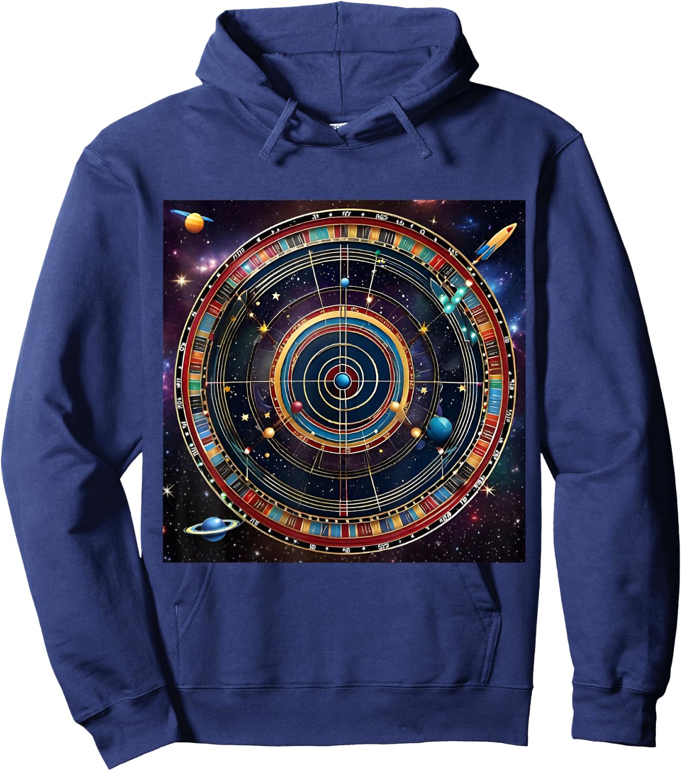 Bullseye Beyond -Adults Kids , Black, Small, Short Sleeve, Modern, Astrological, Sports, Professional, Themed- , Interstellar Challenge: Cosmic Dartboard Hoodie - Hoodie | Navy