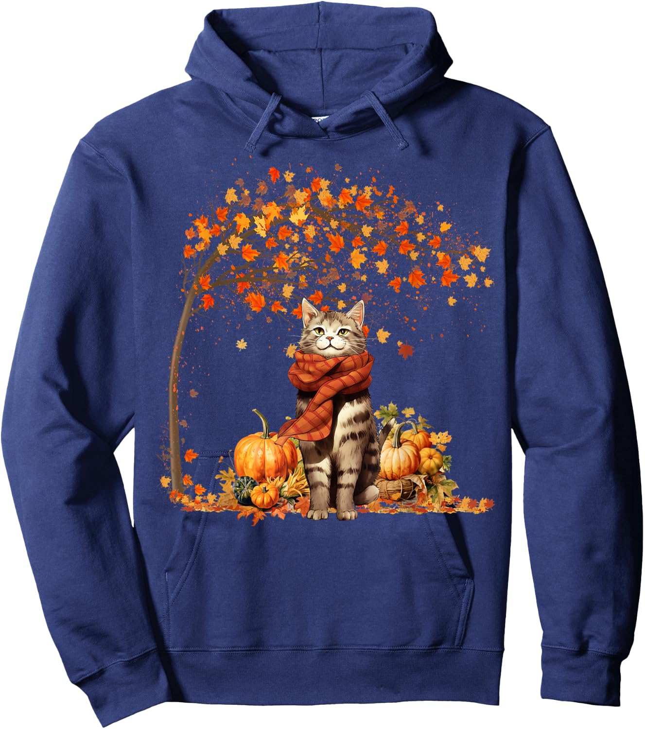 Cat Leaf Fall Hello Autumn Cat Kitten Lover Thanksgiving Hoodie - Hoodie | Navy