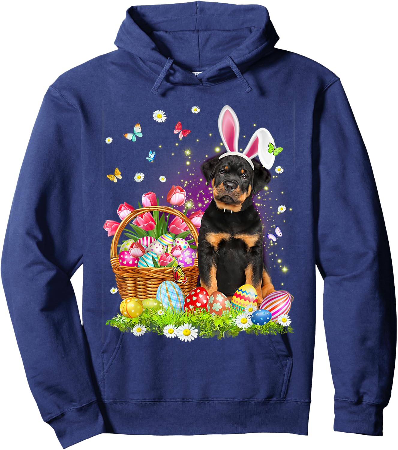 Funny Easter Bunny Rottweiler Dog Bunny Ear Egg Basket Women Kids Hoodie - Hoodie | Navy