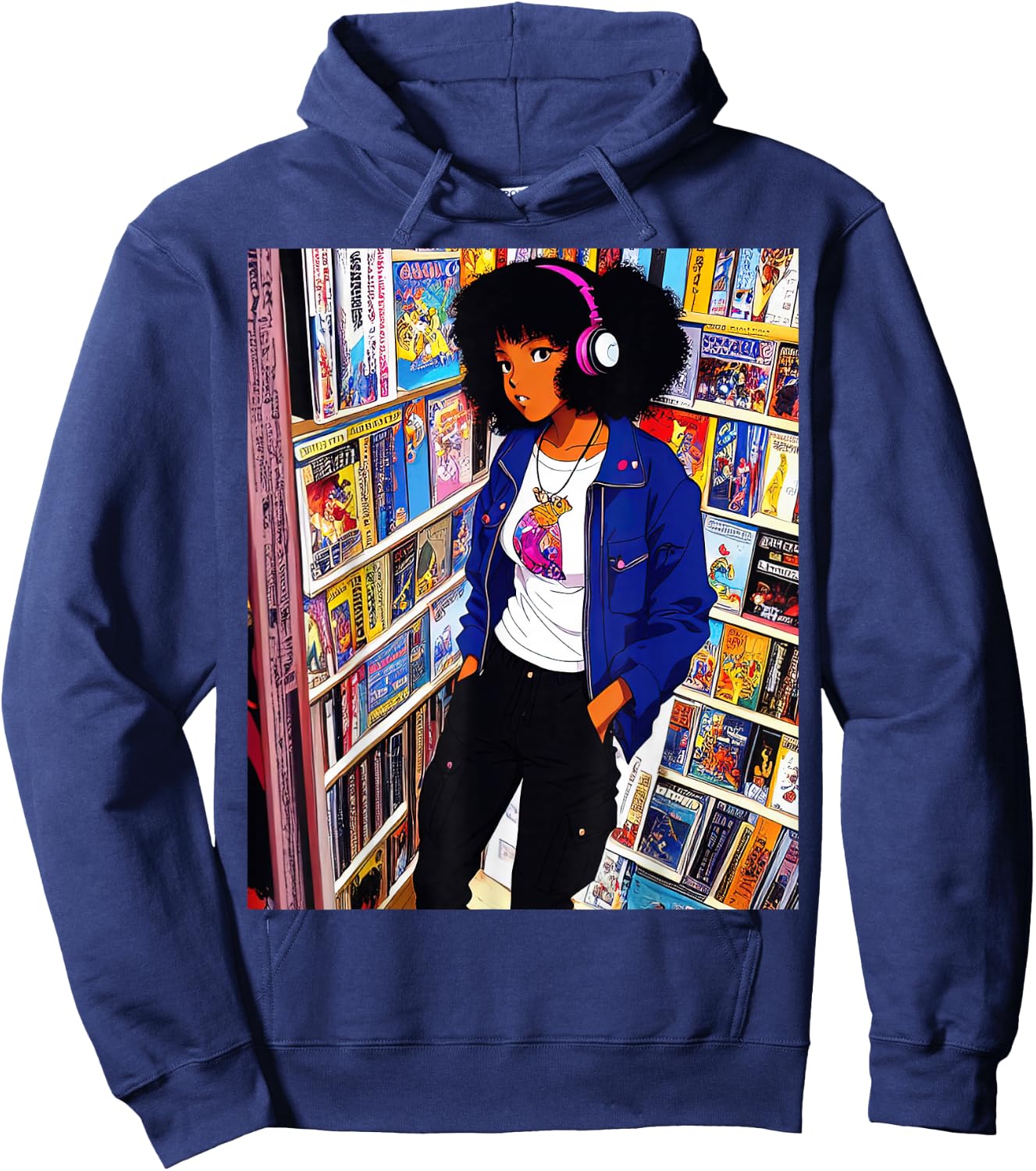 Black girl Lofi Music 90s Afro Retro Anime Cartoon Style Hoodie - Hoodie | Navy