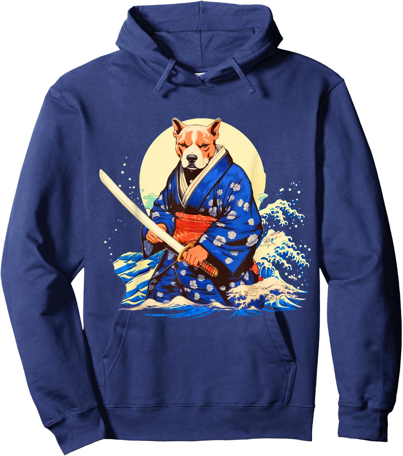 Funny Pitbull Dog Japanese Grand Wave Ukiyoe Art Ninja Cool Hoodie - Hoodie | Navy