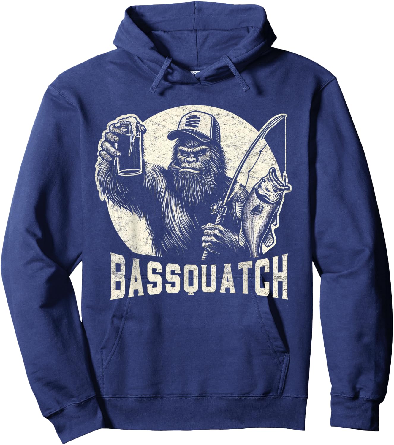 Bassquatch Sasquatch Men's Bass Fishing Bigfoot 80's Vintage Hoodie - Hoodie | Navy