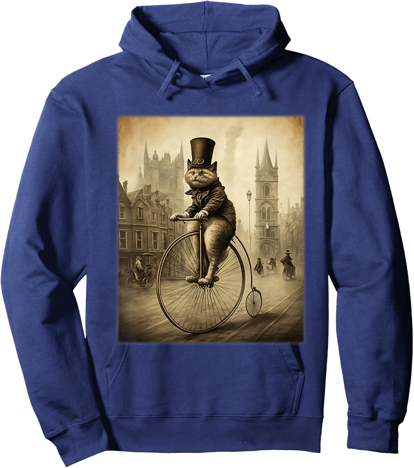 Funny Cat Top Hat Riding Penny Farthing Bicycle Cute Vintage Women Kids Hoodie - Hoodie | Navy