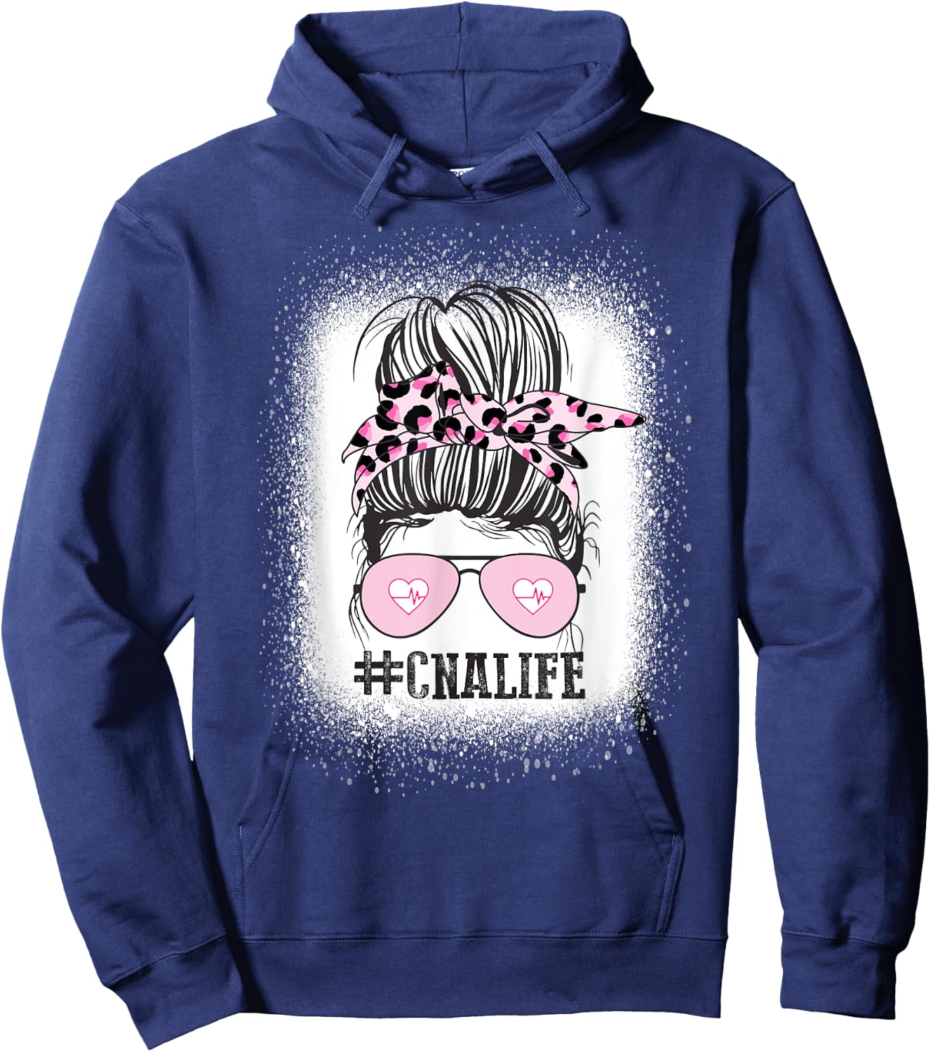 CNA Nurse Life Shirt, Bleached Messy Bun Nurse Leopard Hoodie - Hoodie | Navy
