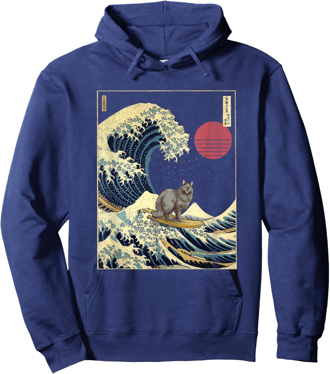 Nebelung Cat Japanese Kanagawa Wave Funny Surf Animal Hoodie - Hoodie | Navy