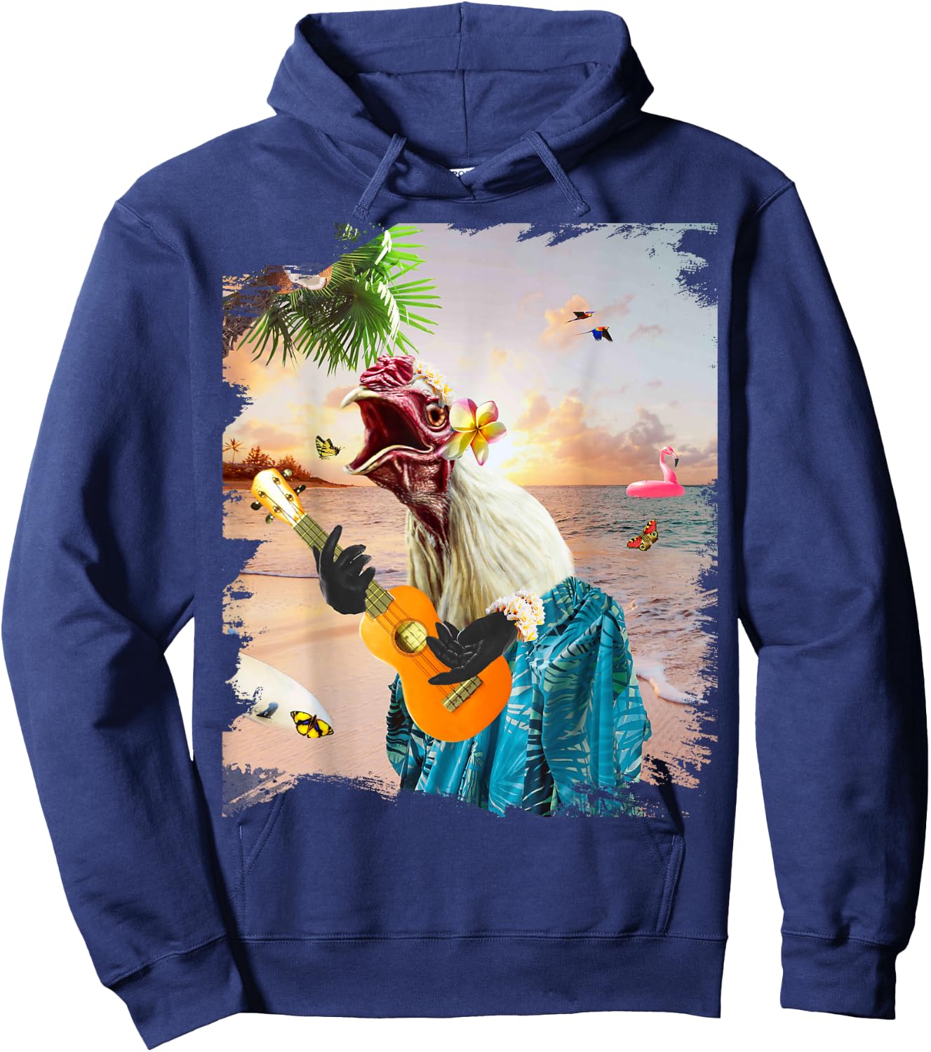 Aloha Hawaiian Chicken Playing Ukulele Beach Funny Hoodie - Hoodie | Navy