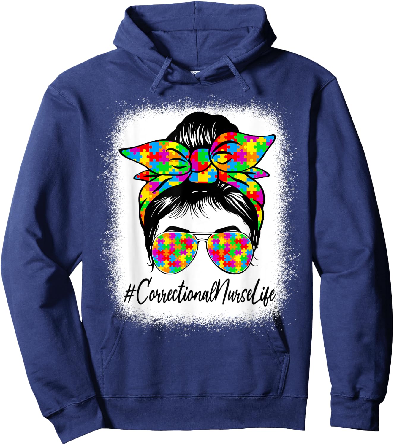 Correctional Nurse Messy Bun Supporting Autism Awareness Hoodie - Hoodie | Navy