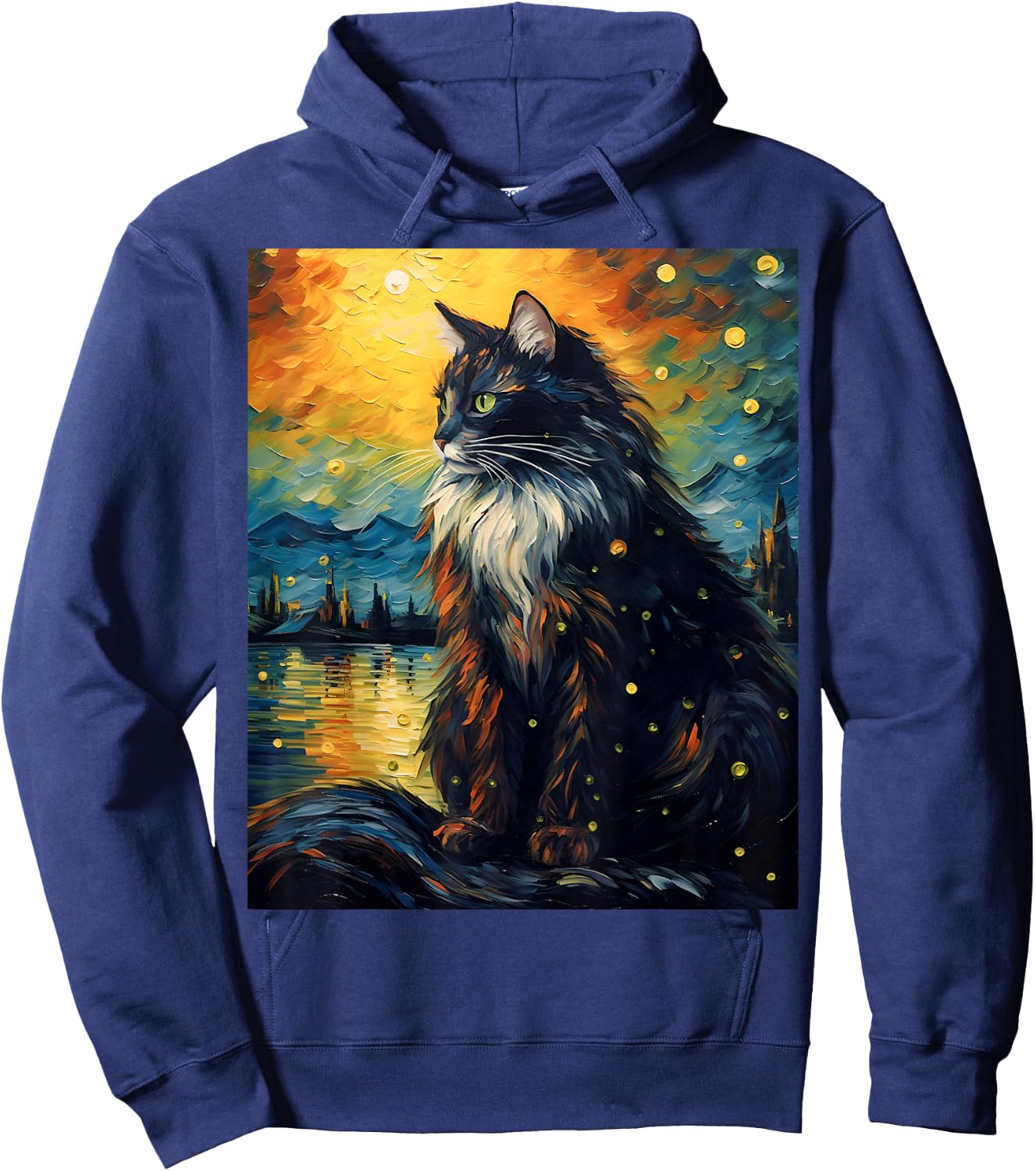 Surreal Starry Night Norwegian Forest Cat Men Women Girls Kids Hoodie - Hoodie | Navy