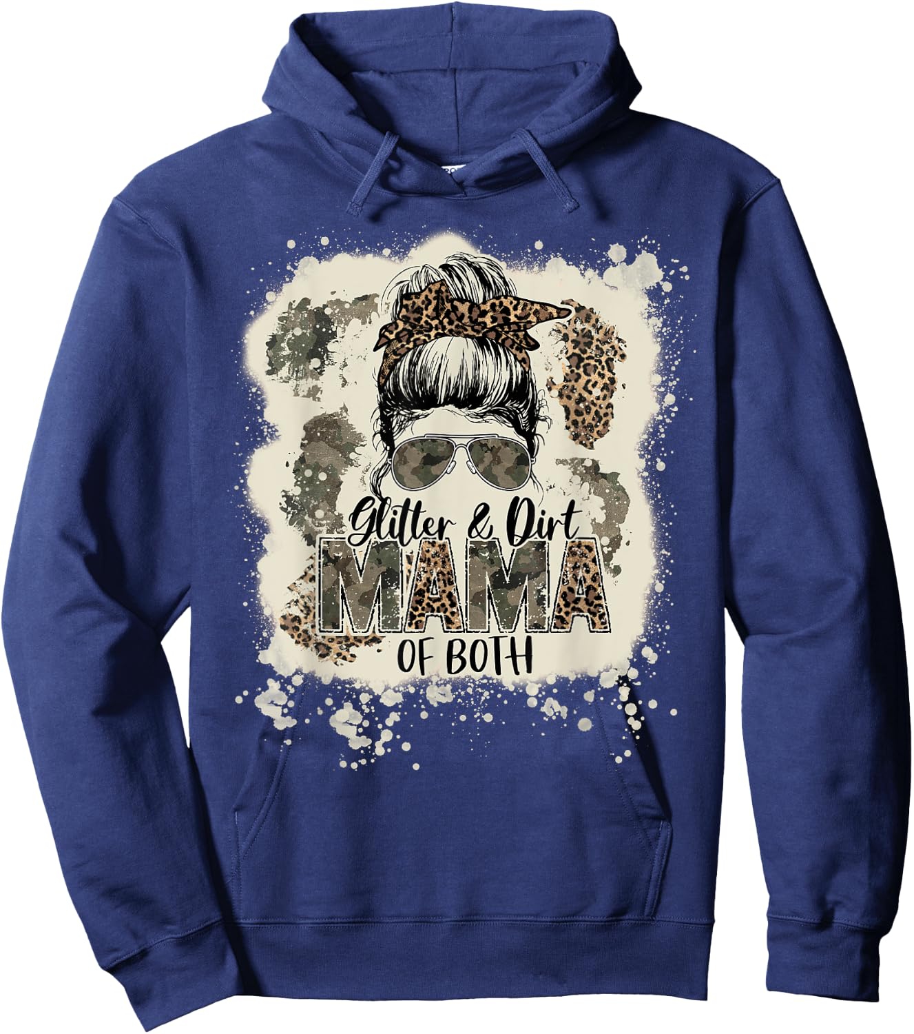 Glitter & Dirt Mama Of Both Leopard Camo Messy Bun Bleached Hoodie - Hoodie | Navy