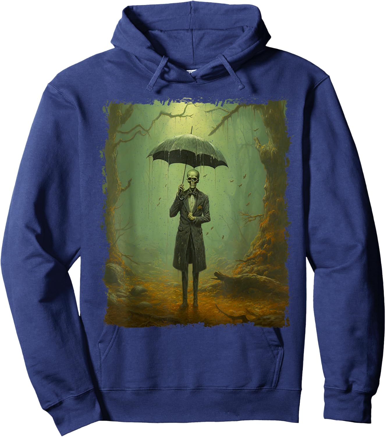 Skeleton in the Rain – Vintage Goth Halloween Hoodie - Hoodie | Navy