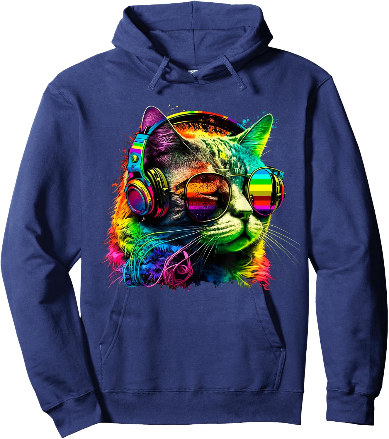 Rainbow DJ Cat with Sunglasses Headphones Music Funny Kitty Hoodie - Hoodie | Navy