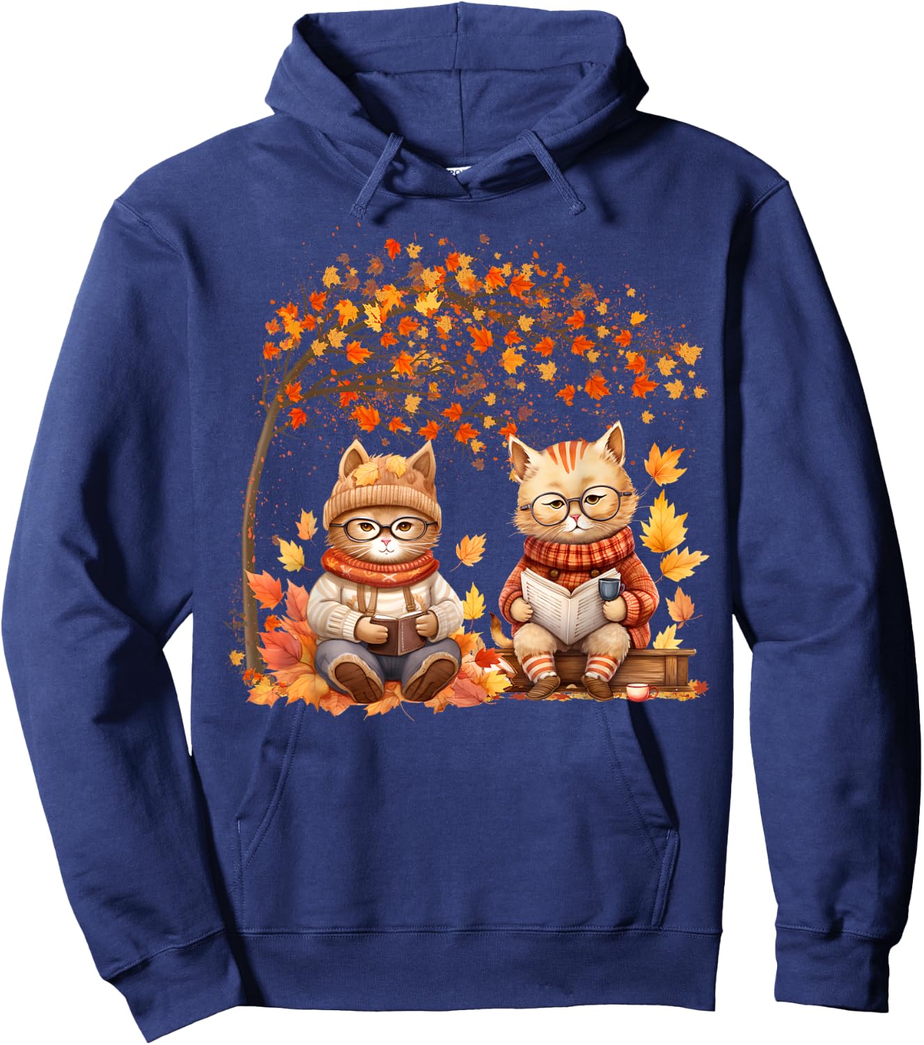 Cat Leaf Fall Hello Autumn Cat Kitten Lover Thanksgiving Men Women Kids Hoodie - Hoodie | Navy