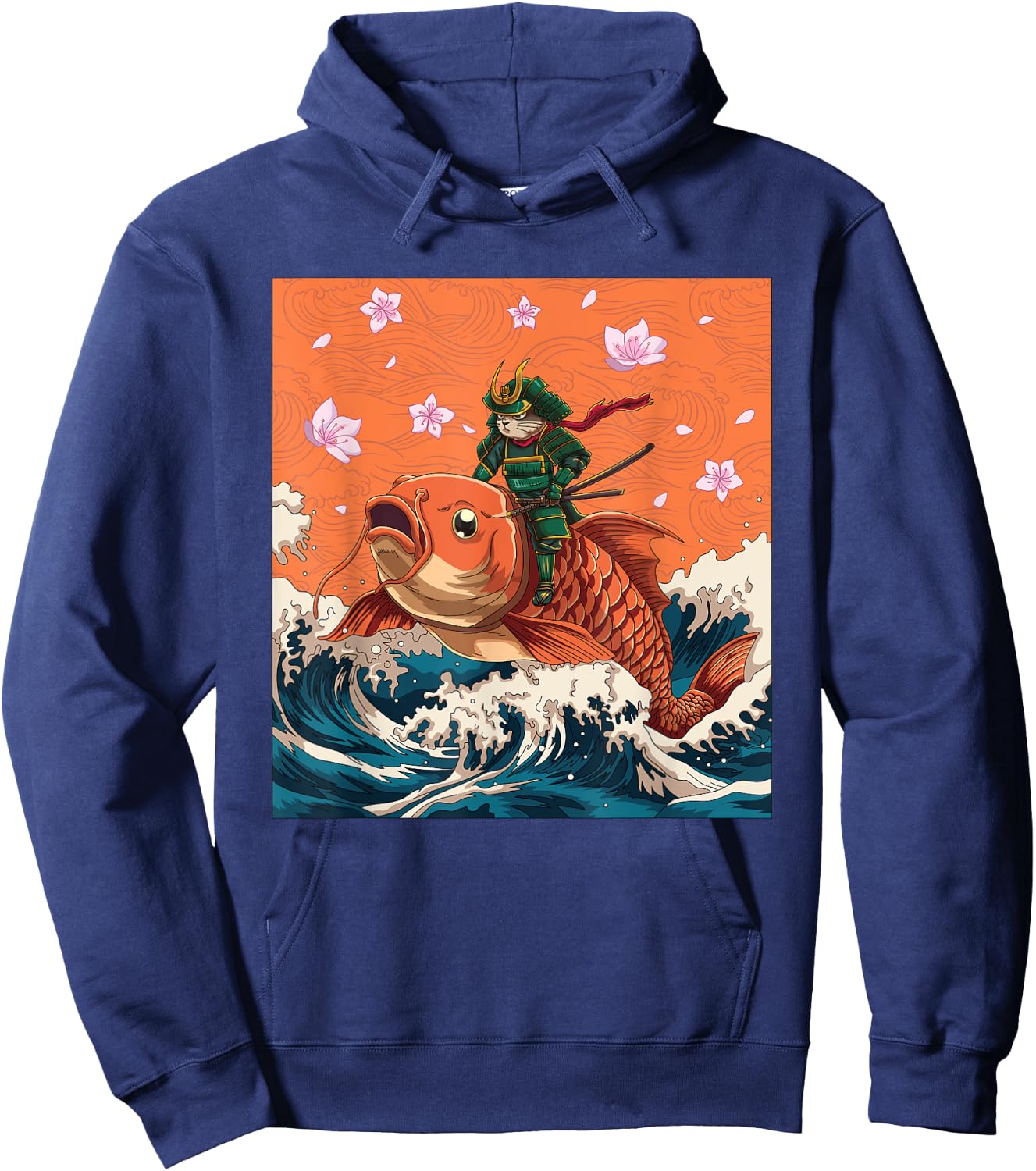 Vintage Japanese Samurai Neko Cat & Koi Fish | Ukiyo-e Style Men Women Hoodie - Hoodie | Navy