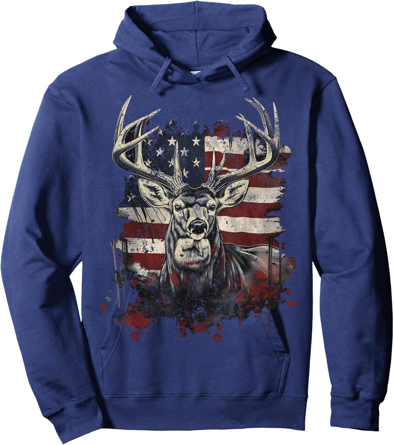 Buck White Tail Deer Hunting Hunter Distressed American Flag Hoodie - Hoodie | Navy