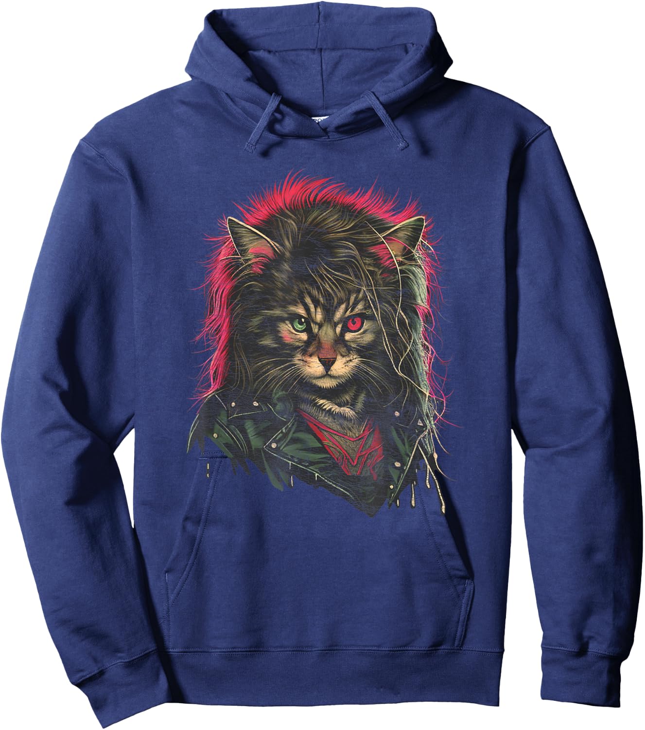 Heavy Metal Hair Glam Cat Retro Distressed 80s Men Women Hoodie - Hoodie | Navy