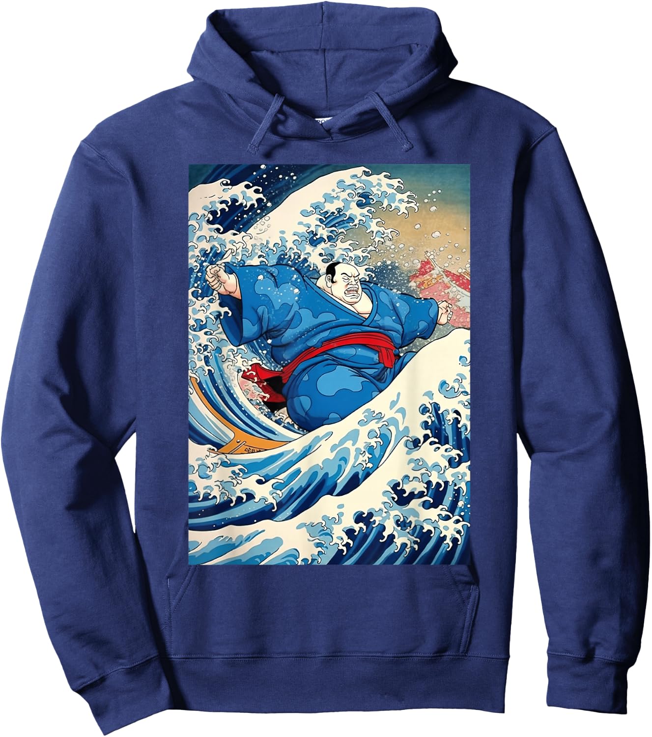 Funny Kanagawa Great Wave with Sumo Wrestler Surfing Hoodie - Hoodie | Navy