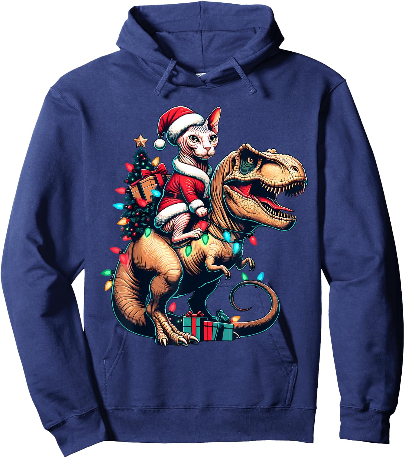 Funny Sphynx Cat Rides Santa T-Rex Vintage Christmas Sphynx Women Kids Hoodie - Hoodie | Navy