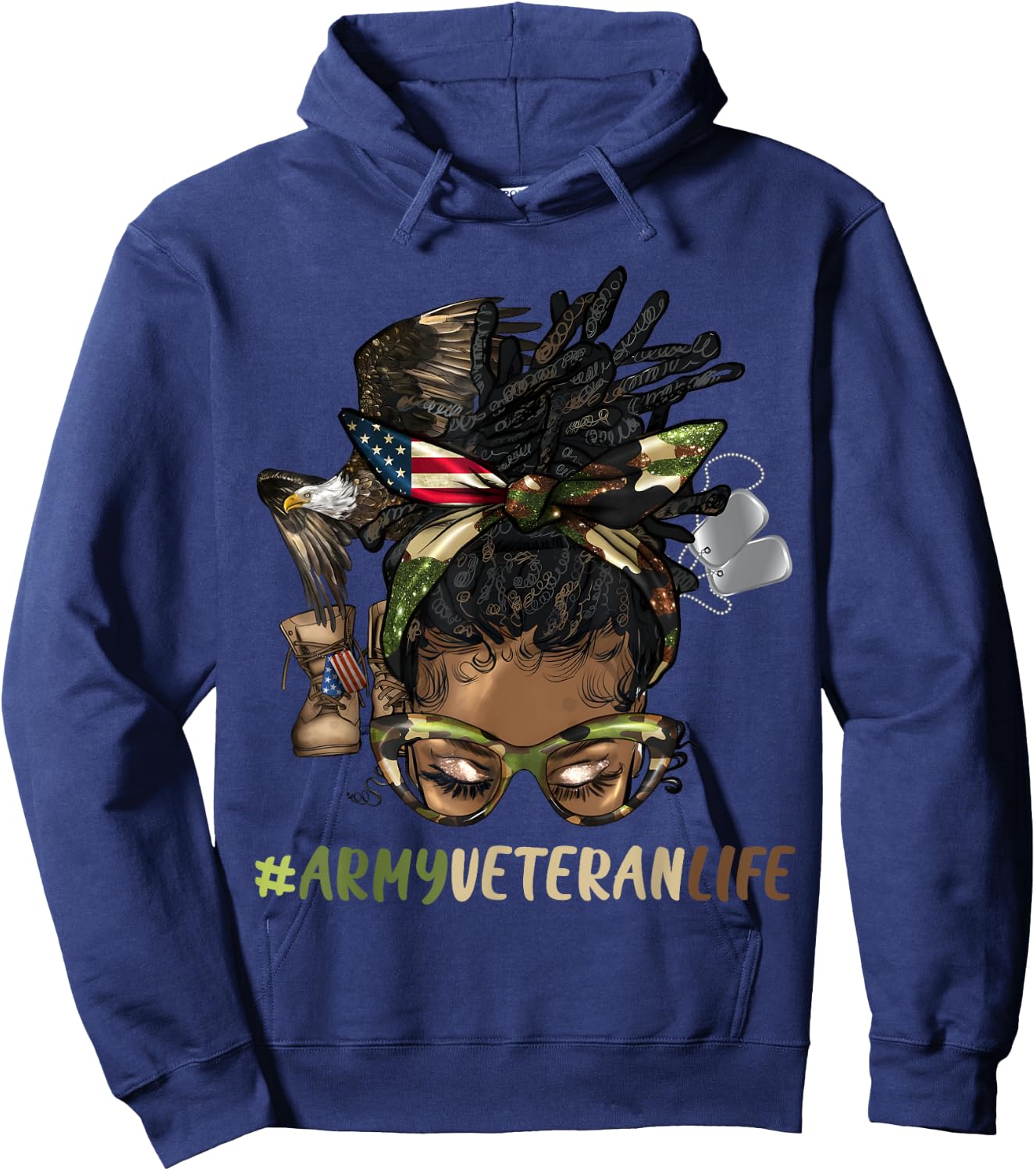 African Afro Messy Bun Loc Army Veteran Soldier Mother Wife Hoodie - Hoodie | Navy