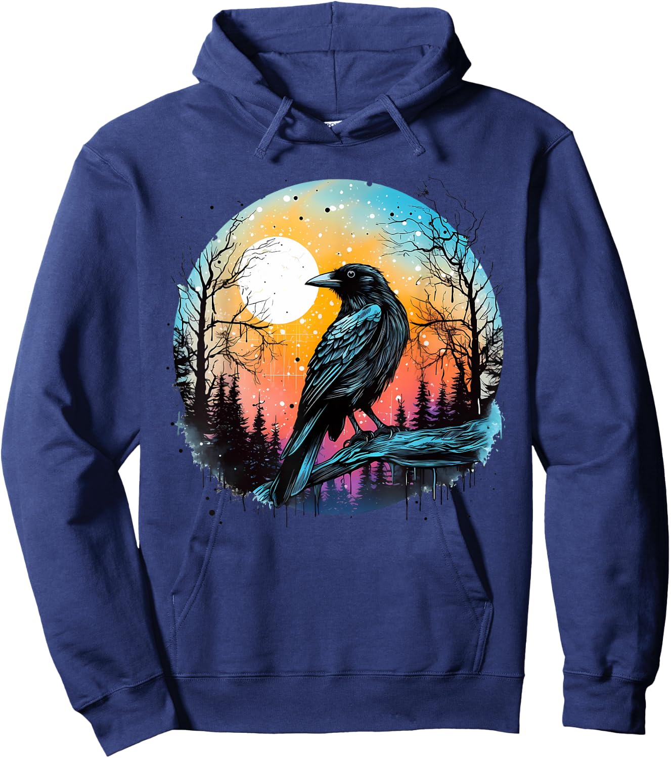 Vintage Raven Crow Forest Bird Graphic Art Design Print Hoodie - Hoodie | Navy