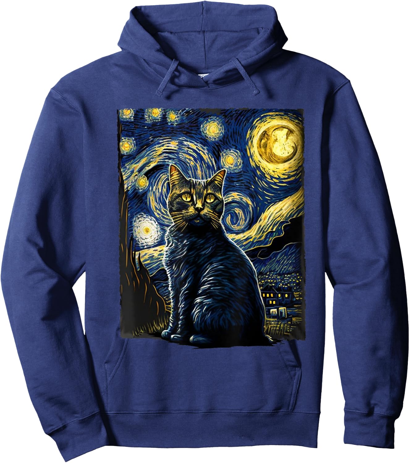 Starry Night Cat Van Gogh Cat Lover Gifts Cat Mom, Cat Dad Hoodie - Hoodie | Navy