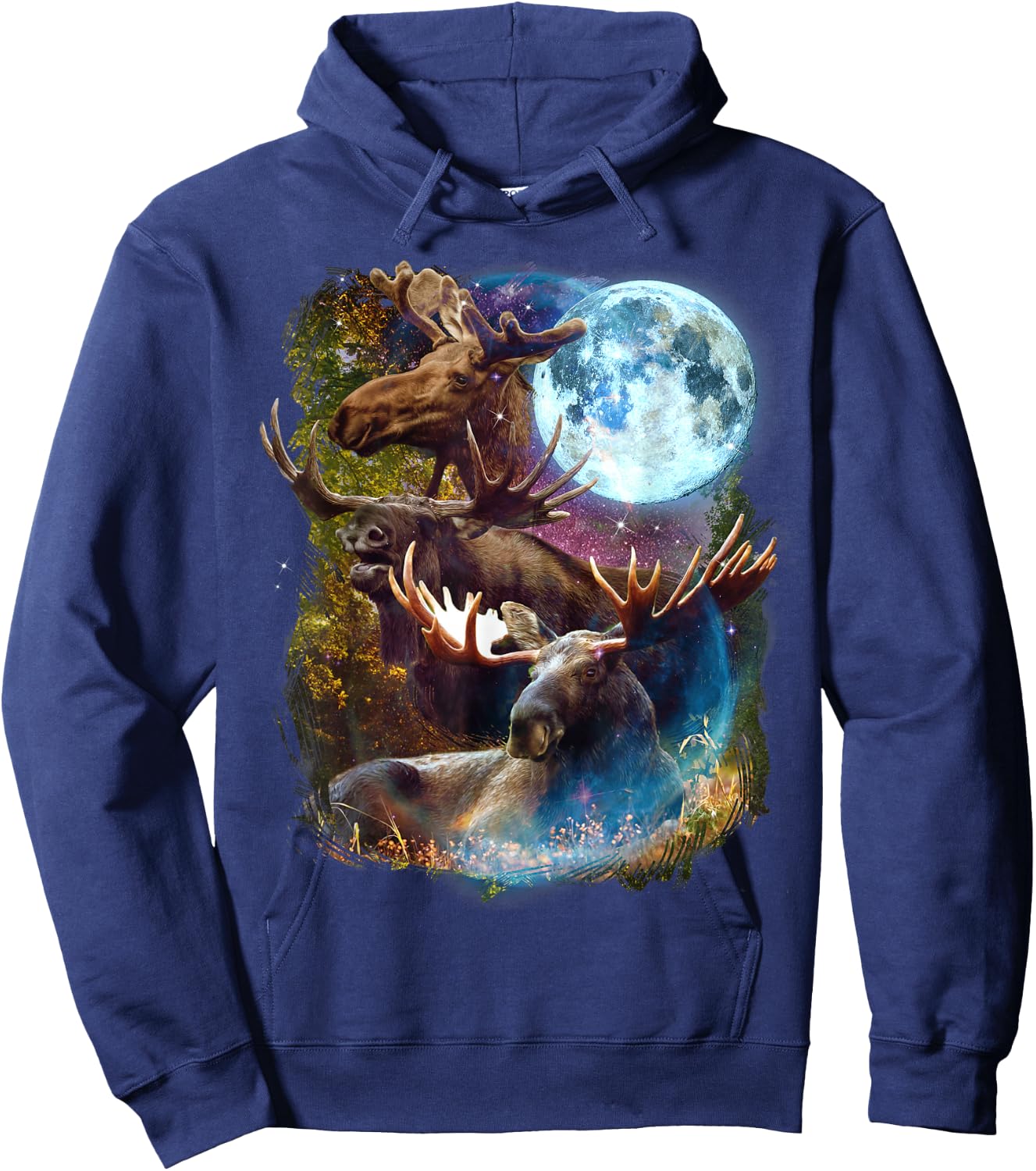 3 Moon Moose Funny Deer Elk Animal Lovers Graphic Novelty Hoodie - Hoodie | Navy