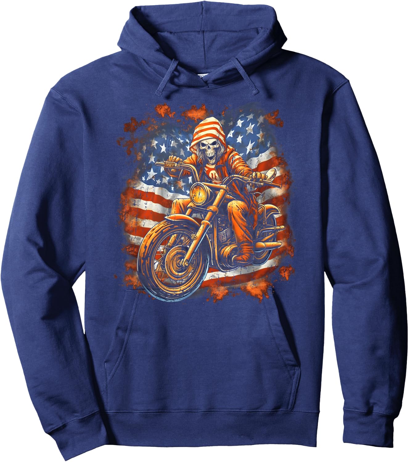US Flag Motorcycle Skeleton Biker 4th July American Hoodie - Hoodie | Navy