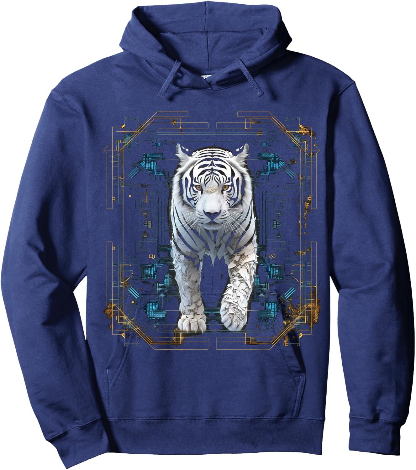Tiger Geometric Artwork | White Animal Motif Tiger Hoodie - Hoodie | Navy