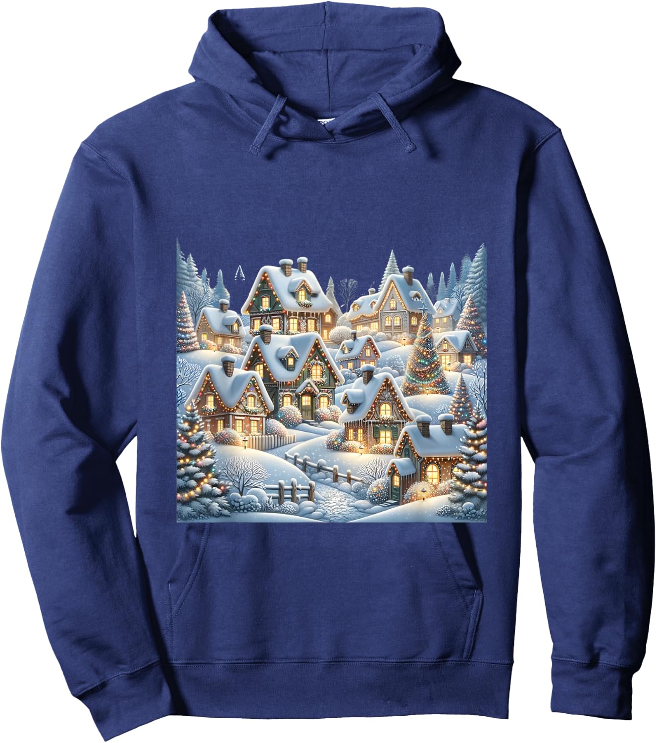 Winter Village Snow Covered Cottages Christmas Lights Scene Hoodie - Hoodie | Navy