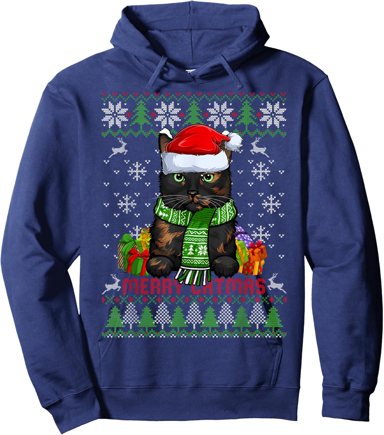 Funny Merry Catmas Tortoiseshell Cat Ugly Christmas Sweater Men Women Kids Hoodie - Hoodie | Navy