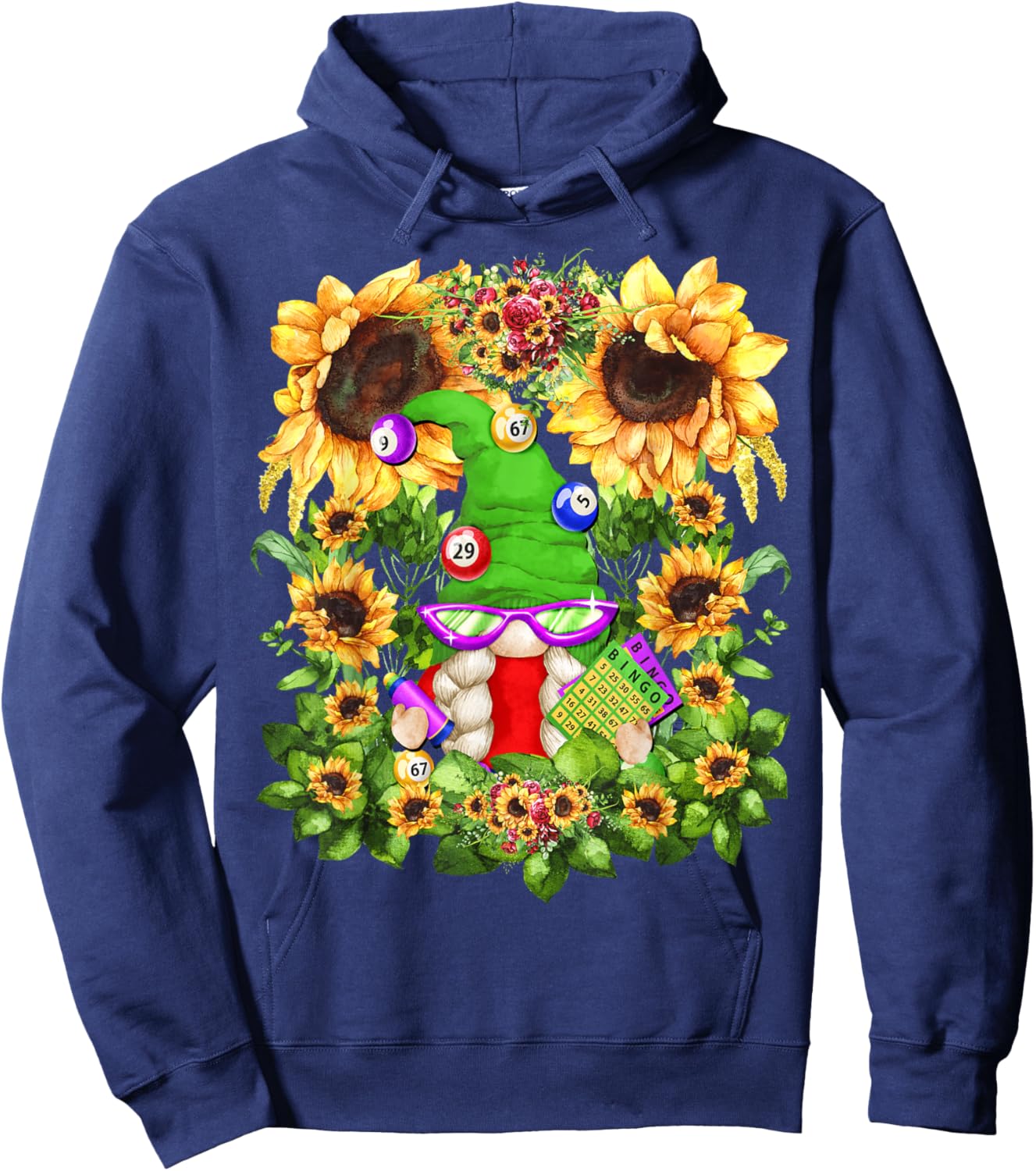 Floral Sunflower Bingo Gnome And Crazy Bingo Lady Hoodie - Hoodie | Navy