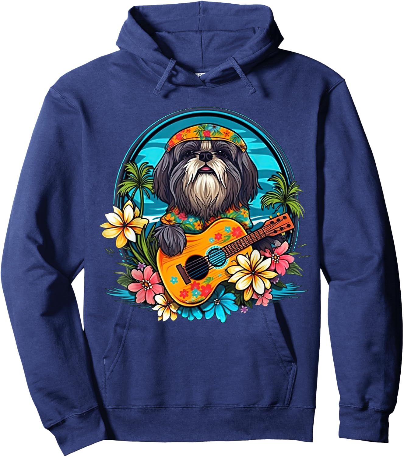 Floral Beach Vacation Shih Tzu Dog Women Kids Hoodie - Hoodie | Navy