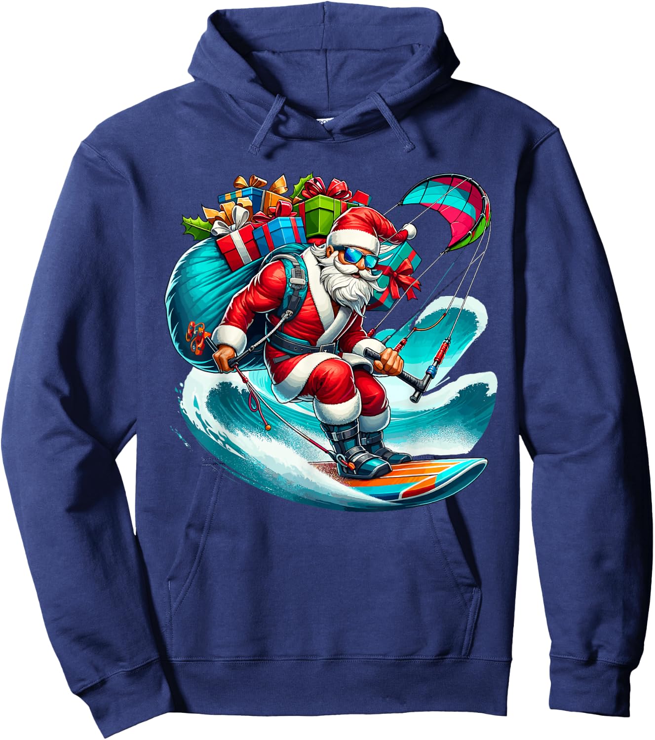 Funny Beach Santa kitesurfing Christmas Santa Surfing Men Women Kids Hoodie - Hoodie | Navy
