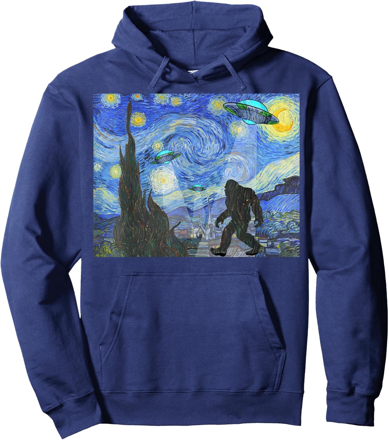 Starry Night Sasquatch And UFO Aliens Bigfoot Graphic Hoodie - Hoodie | Navy