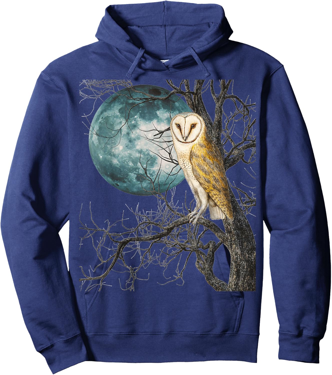Owl Barn Night Moon Full Vintage Illustration Birder Graphic Hoodie - Hoodie | Navy