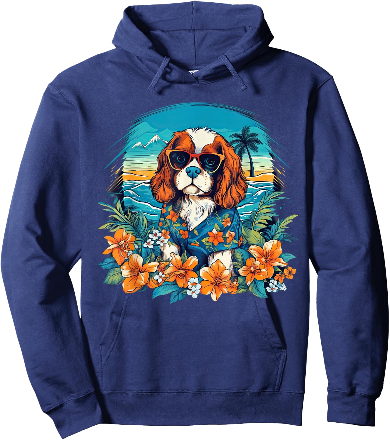 Floral Beach Vacation Cavalier King Charles Spaniel Dog Hoodie - Hoodie | Navy