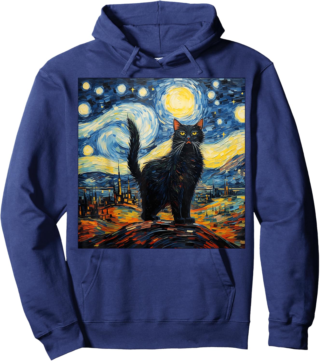 Van Gogh Starry Night Black Cat Gifts for Cats Lover Mom Dad Women Kids Hoodie - Hoodie | Navy