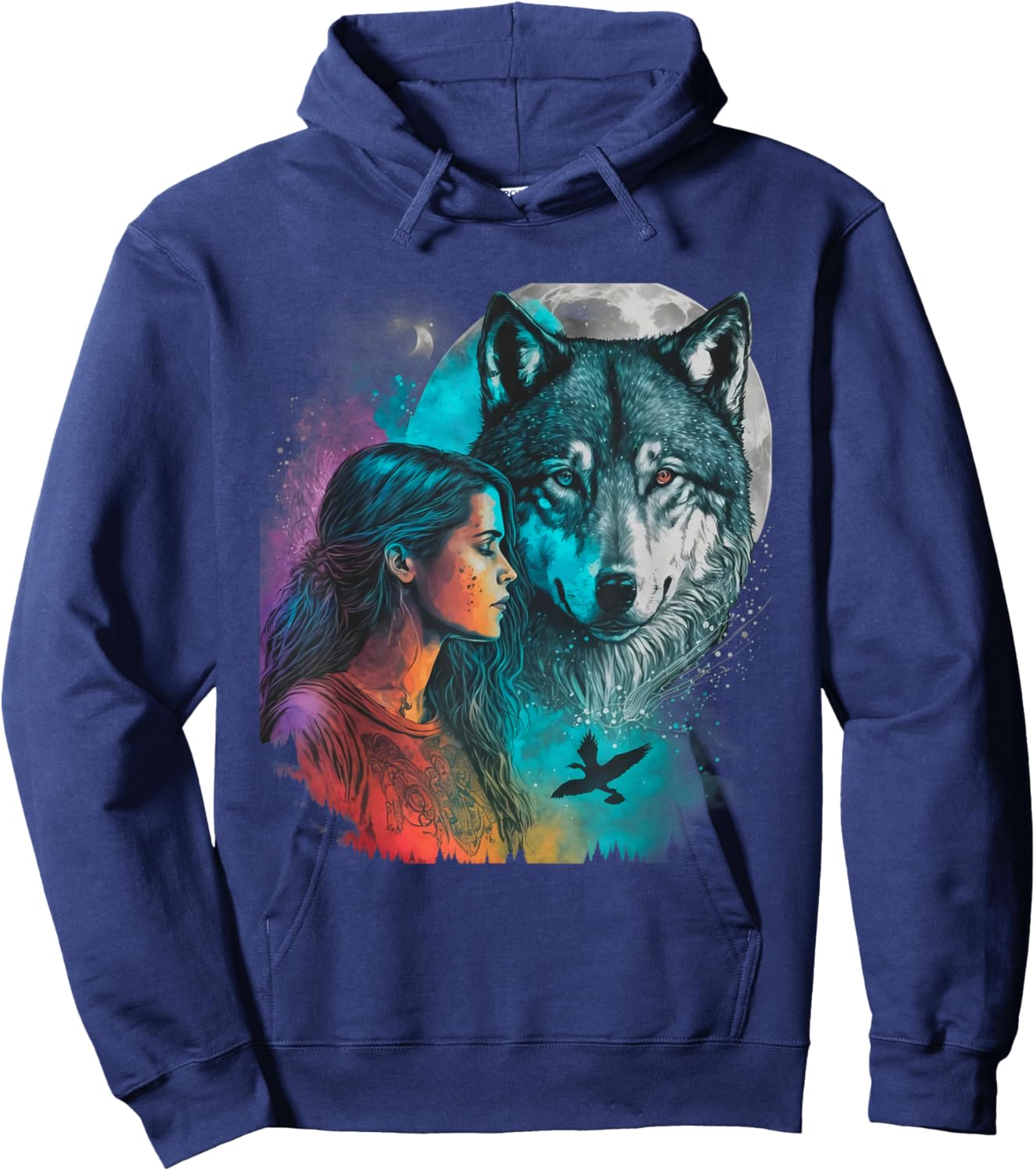 Ethnic Tribal Wolf Boho Feather Native American Hippie Women Hoodie - Hoodie | Navy