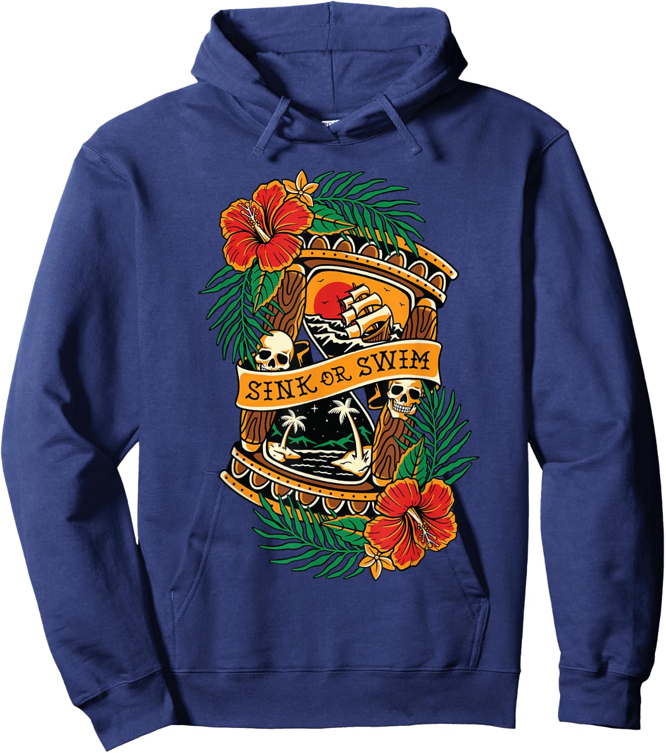 American Traditional Tattoo Old School Flash Skull Hourglass Hoodie - Hoodie | Navy