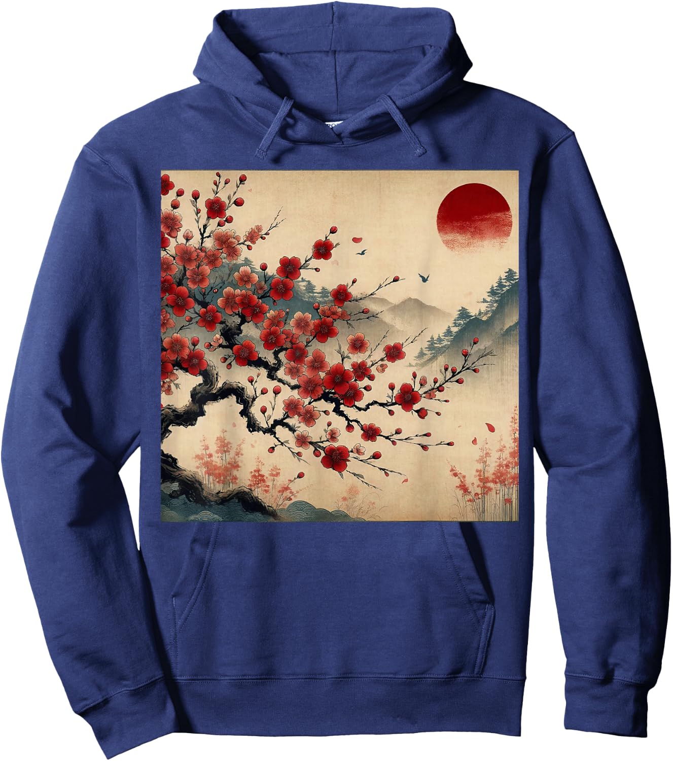 Vintage Cherry Blossom Woodblock Japanese Graphical Art Hoodie - Hoodie | Navy