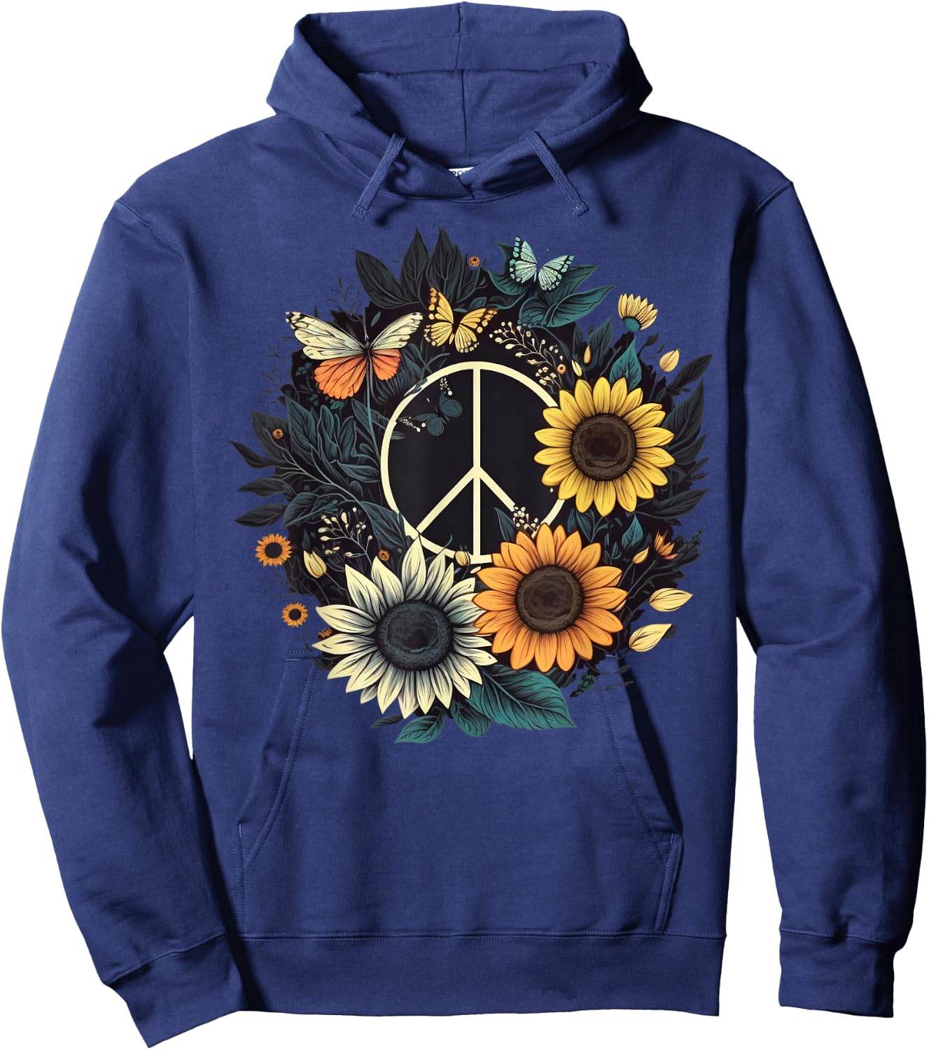 PEACE SIGN LOVE Sunflower on 60s 70s Sunflower Hippie Hoodie - Hoodie | Navy