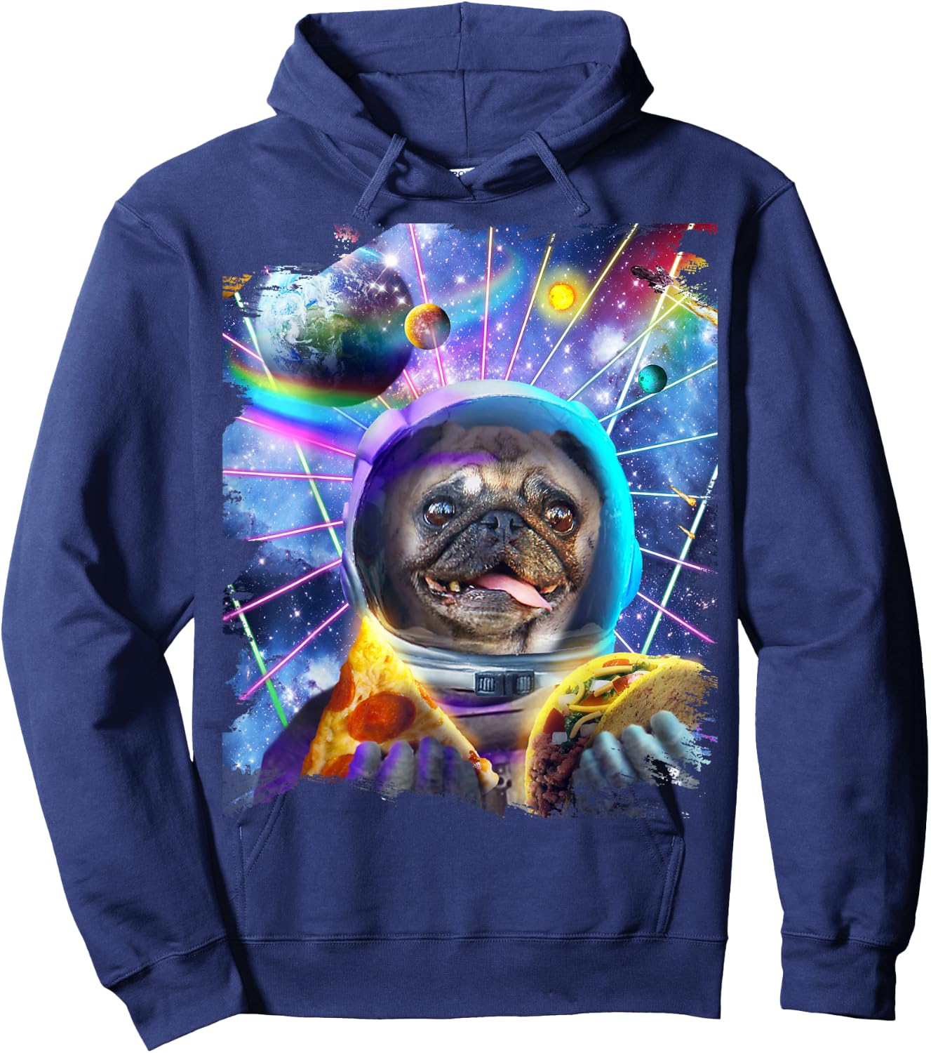 Dog Pug Astronaut In Space Eating Pizza Taco Hoodie - Hoodie | Navy